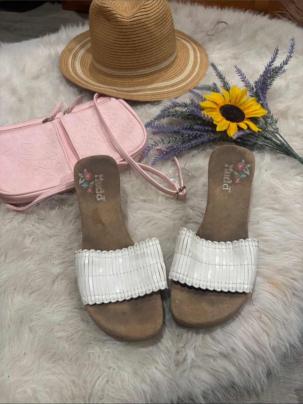 Mudd White Beaded Slide Sandals